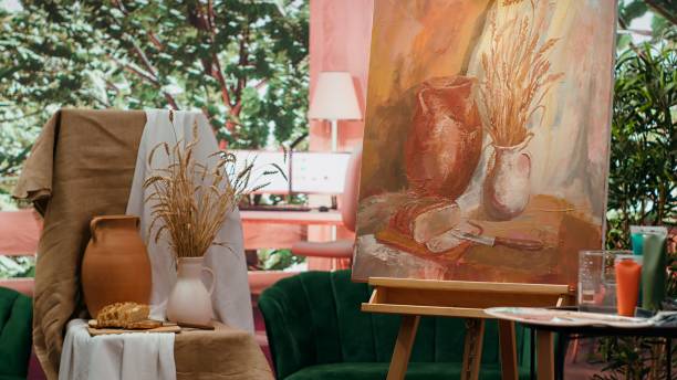 istock Empty art and craft workshop with a rustic beautiful painting on canvas 2184847870