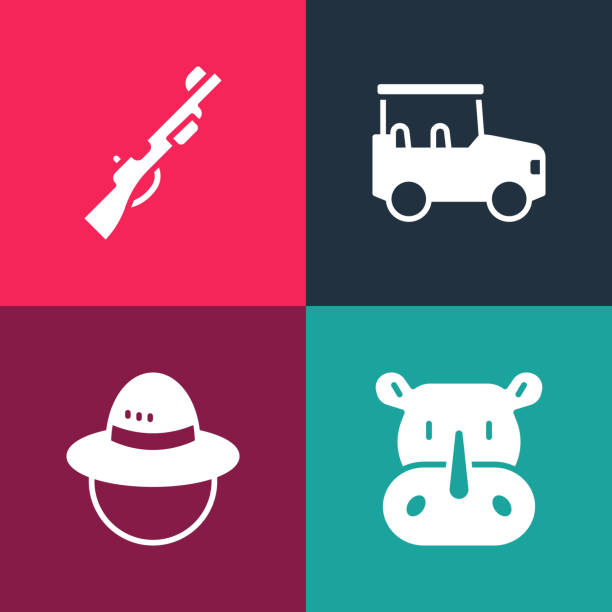 Set pop art Rhinoceros Camping hat Safari car and Hunting gun icon. Vector.
