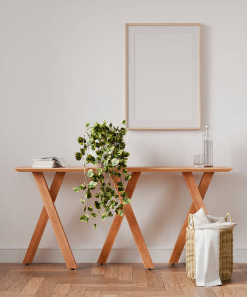 istock Frame mockup, interior frame, poster wood frame element and living room in empty picture interior vertical, wooden floor There in illustration 3d render 2184856366