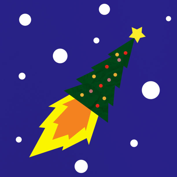 Decorated christmas tree with yellow star and ornament flying with flames on colored background. Collage art of Christmas