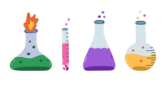 Hand Drawn Lab Tools Cute Cartoon Set With Laboratory Beaker With Fire Chemical Solution ...