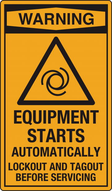 OSHA Safety Sign Warning Equipment Starts Automatically Lockout and Tagout Before Servicing Vertical With Symbol The "Safety Sign: Equipment Starts Automatically – Lockout and Tagout Before Servicing" warns individuals of the potential hazard of machinery starting unexpectedly. It emphasizes the importance of following lockout/tagout (LOTO) procedures to ensure equipment is safely de-energized before maintenance or repairs. Commonly used in industrial and manufacturing environments, this sign helps prevent accidents, protecting workers from injury due to unexpected machine activation. lockout tagout stock illustrations