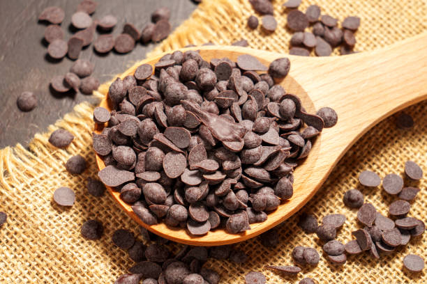 istock Choco chips for melting as an ingredient for baking in wooden spoon 2184862045