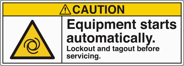 Safety Sign Caution Equipment Starts Automatically Lockout and Tagout Before Servicing Horizontal 03 White Symbol Panel on Left The "Safety Sign: Equipment Starts Automatically – Lockout and Tagout Before Servicing" warns individuals of the potential hazard of machinery starting unexpectedly. It emphasizes the importance of following lockout/tagout (LOTO) procedures to ensure equipment is safely de-energized before maintenance or repairs. Commonly used in industrial and manufacturing environments, this sign helps prevent accidents, protecting workers from injury due to unexpected machine activation. lockout tagout stock illustrations