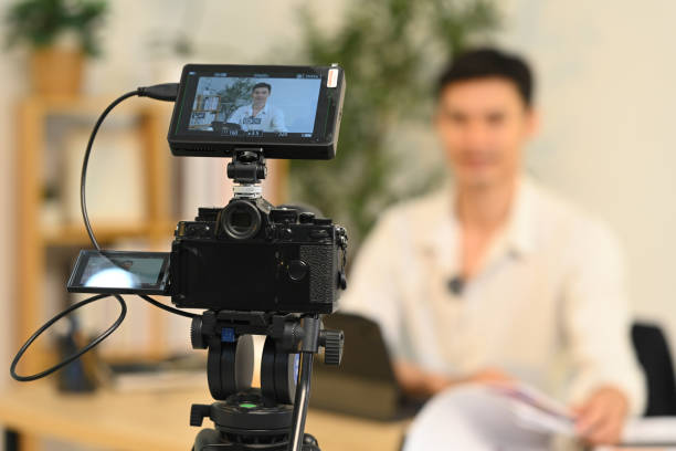 istock Close up of camera displaying professional businessman during on camera interview 2184864809
