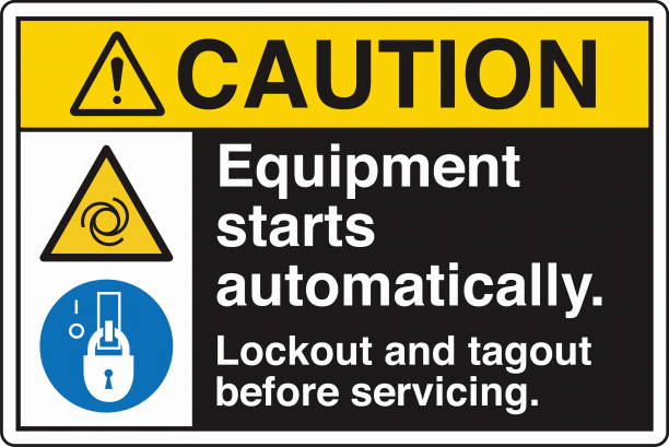 Safety Sign Caution Equipment Starts Automatically Lockout and Tagout Before Servicing Horizontal Black Two Symbol Panel on Left The "Safety Sign: Equipment Starts Automatically – Lockout and Tagout Before Servicing" warns individuals of the potential hazard of machinery starting unexpectedly. It emphasizes the importance of following lockout/tagout (LOTO) procedures to ensure equipment is safely de-energized before maintenance or repairs. Commonly used in industrial and manufacturing environments, this sign helps prevent accidents, protecting workers from injury due to unexpected machine activation. lockout tagout stock illustrations