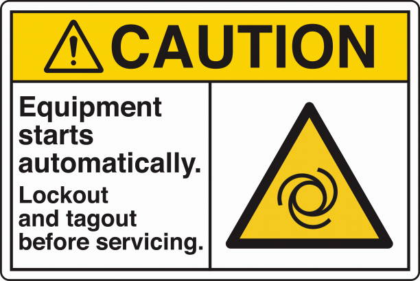 Safety Sign Caution Equipment Starts Automatically Lockout and Tagout Before Servicing Horizontal White Symbol Panel on Right The "Safety Sign: Equipment Starts Automatically – Lockout and Tagout Before Servicing" warns individuals of the potential hazard of machinery starting unexpectedly. It emphasizes the importance of following lockout/tagout (LOTO) procedures to ensure equipment is safely de-energized before maintenance or repairs. Commonly used in industrial and manufacturing environments, this sign helps prevent accidents, protecting workers from injury due to unexpected machine activation. lockout tagout stock illustrations