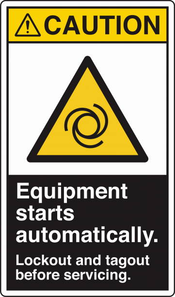 Safety Sign Caution Equipment Starts Automatically Lockout and Tagout Before Servicing Vertical Black The "Safety Sign: Equipment Starts Automatically – Lockout and Tagout Before Servicing" warns individuals of the potential hazard of machinery starting unexpectedly. It emphasizes the importance of following lockout/tagout (LOTO) procedures to ensure equipment is safely de-energized before maintenance or repairs. Commonly used in industrial and manufacturing environments, this sign helps prevent accidents, protecting workers from injury due to unexpected machine activation. lockout tagout stock illustrations