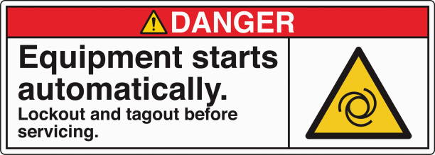 Safety Sign Danger Equipment Starts Automatically Lockout and Tagout Before Servicing Horizontal 03 White Symbol Panel on Right. The "Safety Sign: Equipment Starts Automatically – Lockout and Tagout Before Servicing" warns individuals of the potential hazard of machinery starting unexpectedly. It emphasizes the importance of following lockout/tagout (LOTO) procedures to ensure equipment is safely de-energized before maintenance or repairs. Commonly used in industrial and manufacturing environments, this sign helps prevent accidents, protecting workers from injury due to unexpected machine activation. lockout tagout stock illustrations