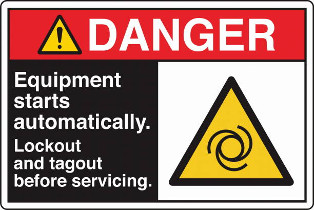 Safety Sign Danger Equipment Starts Automatically Lockout and Tagout Before Servicing Horizontal Black Symbol Panel on Right. The "Safety Sign: Equipment Starts Automatically – Lockout and Tagout Before Servicing" warns individuals of the potential hazard of machinery starting unexpectedly. It emphasizes the importance of following lockout/tagout (LOTO) procedures to ensure equipment is safely de-energized before maintenance or repairs. Commonly used in industrial and manufacturing environments, this sign helps prevent accidents, protecting workers from injury due to unexpected machine activation. lockout tagout stock illustrations