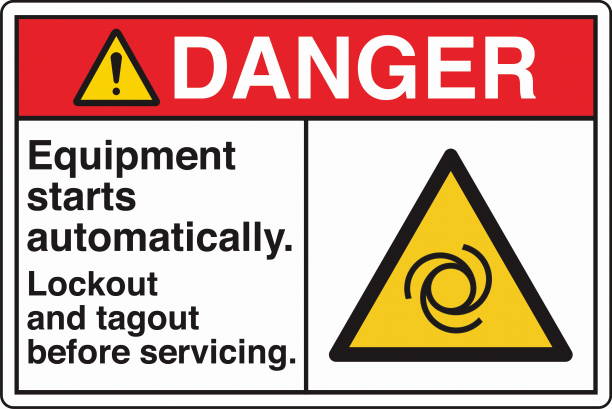 Safety Sign Danger Equipment Starts Automatically Lockout and Tagout Before Servicing Horizontal White Symbol Panel on Right The "Safety Sign: Equipment Starts Automatically – Lockout and Tagout Before Servicing" warns individuals of the potential hazard of machinery starting unexpectedly. It emphasizes the importance of following lockout/tagout (LOTO) procedures to ensure equipment is safely de-energized before maintenance or repairs. Commonly used in industrial and manufacturing environments, this sign helps prevent accidents, protecting workers from injury due to unexpected machine activation. lockout tagout stock illustrations