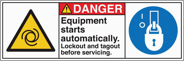 Safety Sign Danger Equipment Starts Automatically Lockout and Tagout Before Servicing Horizontal White Two Symbol Panel. The "Safety Sign: Equipment Starts Automatically – Lockout and Tagout Before Servicing" warns individuals of the potential hazard of machinery starting unexpectedly. It emphasizes the importance of following lockout/tagout (LOTO) procedures to ensure equipment is safely de-energized before maintenance or repairs. Commonly used in industrial and manufacturing environments, this sign helps prevent accidents, protecting workers from injury due to unexpected machine activation. lockout tagout stock illustrations