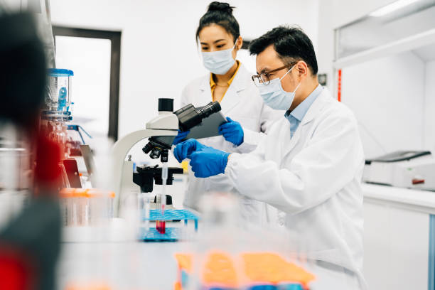 istock Side view of Asian male scientist looking through microscope at work desk in laboratory. 2184874379