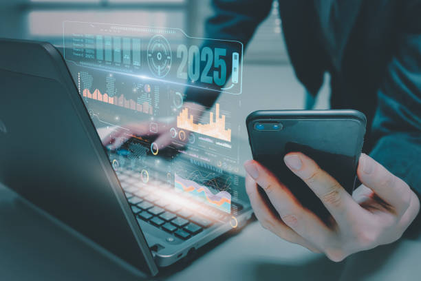 istock Trend 2025 for Business growth and industry concept, businessman using computer with symbol arrow up,stock graph and chart background, investment, Stock market and strategy for making market plan. 2184874534