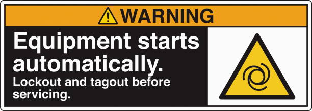 Safety Sign Warning Equipment Starts Automatically Lockout and Tagout Before Servicing Horizontal 03 Black Symbol Panel on Right The "Safety Sign: Equipment Starts Automatically – Lockout and Tagout Before Servicing" warns individuals of the potential hazard of machinery starting unexpectedly. It emphasizes the importance of following lockout/tagout (LOTO) procedures to ensure equipment is safely de-energized before maintenance or repairs. Commonly used in industrial and manufacturing environments, this sign helps prevent accidents, protecting workers from injury due to unexpected machine activation. lockout tagout stock illustrations