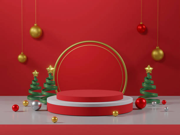 istock 3D rendered illustration with decorated podium display for an elegant and festive Christmas festival with tree with glitter balls and stars on a red and white background. 2184877279