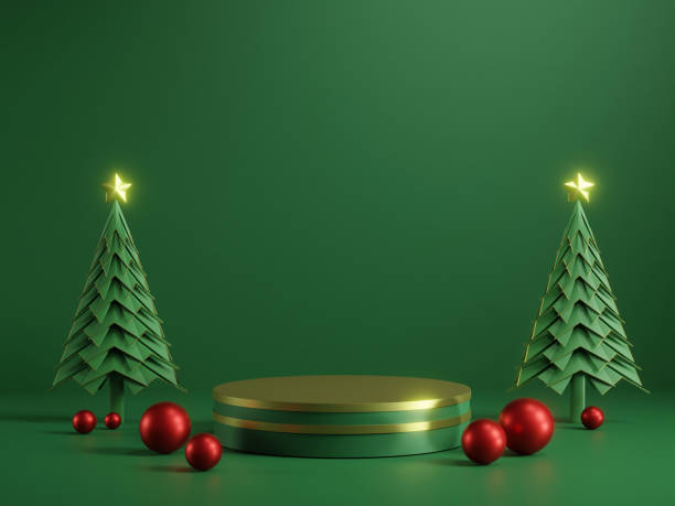 istock 3D rendered illustration with a luxurious and festive Christmas display podium decoration with a tree with glittering balls and golden glowing stars on a gradient green background. 2184877291