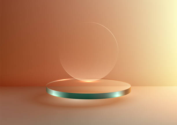 istock Minimalist 3D Glass Cylinder Platform with Floating Glass Circle and Warm Gradient Orange Background, Perfect for Product Display, Mockup, and Showcase 2184878315
