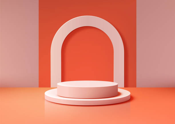 istock 3D White Podium with Archway on Vibrant Orange and Pink Background for Minimal Product Display or Showcase 2184878321