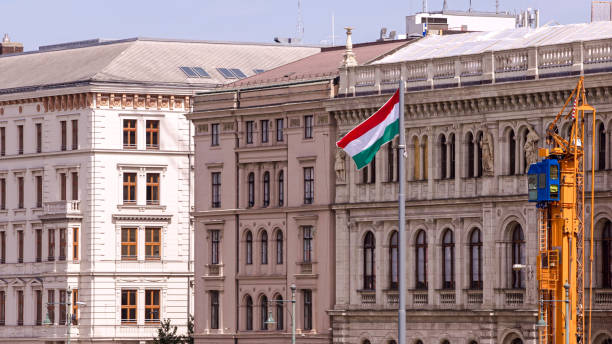 istock Hungarian flag on historical building in Budapest, close view 2184878599