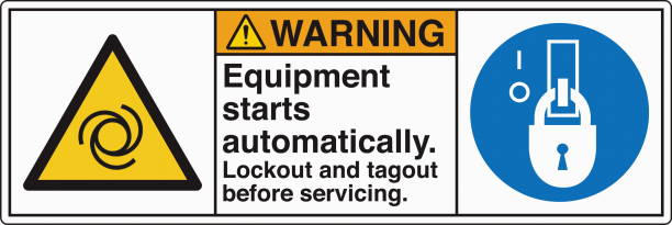 Safety Sign Warning Equipment Starts Automatically Lockout and Tagout Before Servicing Horizontal White Two Symbol Panel The "Safety Sign: Equipment Starts Automatically – Lockout and Tagout Before Servicing" warns individuals of the potential hazard of machinery starting unexpectedly. It emphasizes the importance of following lockout/tagout (LOTO) procedures to ensure equipment is safely de-energized before maintenance or repairs. Commonly used in industrial and manufacturing environments, this sign helps prevent accidents, protecting workers from injury due to unexpected machine activation. lockout tagout stock illustrations
