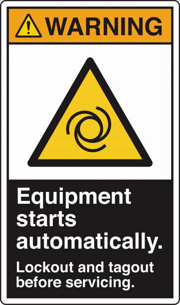 Safety Sign Warning Equipment Starts Automatically Lockout and Tagout Before Servicing Vertical Black. The "Safety Sign: Equipment Starts Automatically – Lockout and Tagout Before Servicing" warns individuals of the potential hazard of machinery starting unexpectedly. It emphasizes the importance of following lockout/tagout (LOTO) procedures to ensure equipment is safely de-energized before maintenance or repairs. Commonly used in industrial and manufacturing environments, this sign helps prevent accidents, protecting workers from injury due to unexpected machine activation. lockout tagout stock illustrations