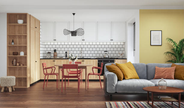 istock Studio room interior with lounge zone and cooking area furnished with sofa and dining table. Modern design solution, 3d rendering 2184883645