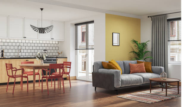istock Studio room interior with lounge zone and cooking area furnished with sofa and dining table. Modern design solution, 3d rendering 2184883646