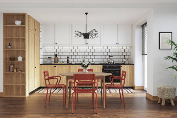 istock Studio room interior with lounge zone and cooking area furnished with sofa and dining table. Modern design solution, 3d rendering 2184883647