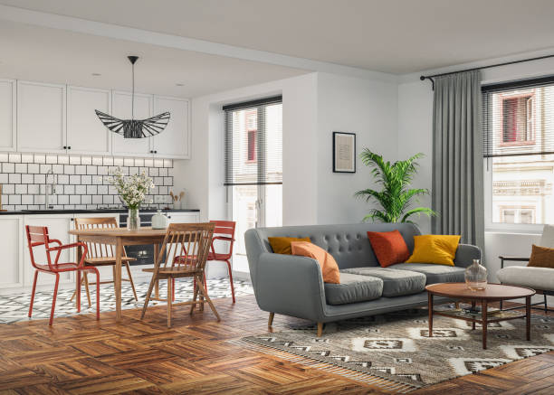 istock Studio room interior with lounge zone and cooking area furnished with sofa and dining table. Modern design solution, 3d rendering 2184883661
