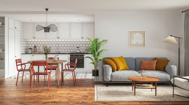 istock Studio room interior with lounge zone and cooking area furnished with sofa and dining table. Modern design solution, 3d rendering 2184883666