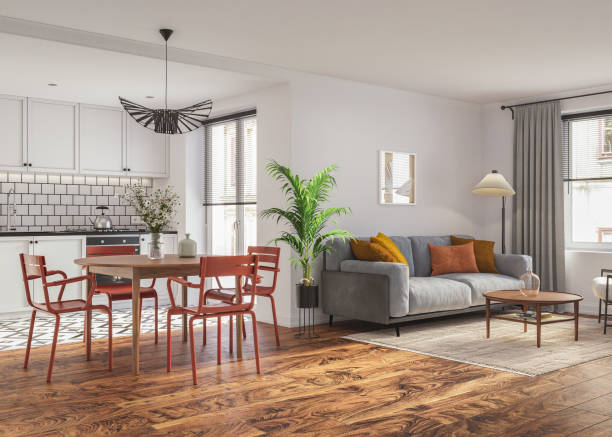 istock Studio room interior with lounge zone and cooking area furnished with sofa and dining table. Modern design solution, 3d rendering 2184883668