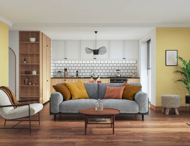 istock Studio room interior with lounge zone and cooking area furnished with sofa and dining table. Modern design solution, 3d rendering 2184883685