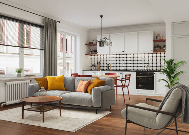 istock Studio room interior with lounge zone and cooking area furnished with sofa and dining table. Modern design solution, 3d rendering 2184883686