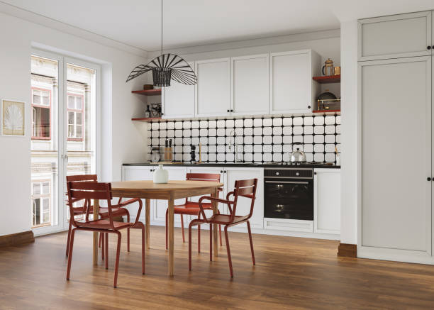istock Studio room interior with lounge zone and cooking area furnished with sofa and dining table. Modern design solution, 3d rendering 2184883688