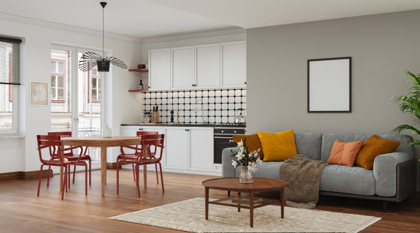 istock Studio room interior with lounge zone and cooking area furnished with sofa and dining table. Modern design solution, 3d rendering 2184883705