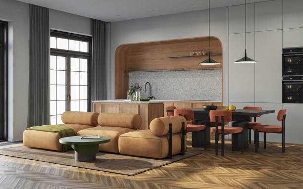 istock Studio room interior with eating space and lounge zone with gray walls. Modern design solution, 3d rendering 2184883730