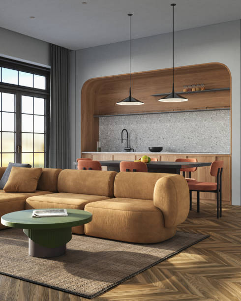 istock Studio room interior with eating space and lounge zone with gray walls. Modern design solution, 3d rendering 2184883733