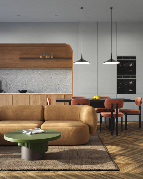 istock Studio room interior with eating space and lounge zone with gray walls. Modern design solution, 3d rendering 2184883739