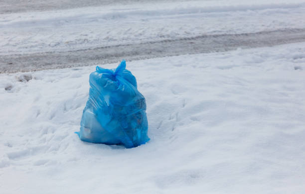 A blue plastic bag is sitting in the snow