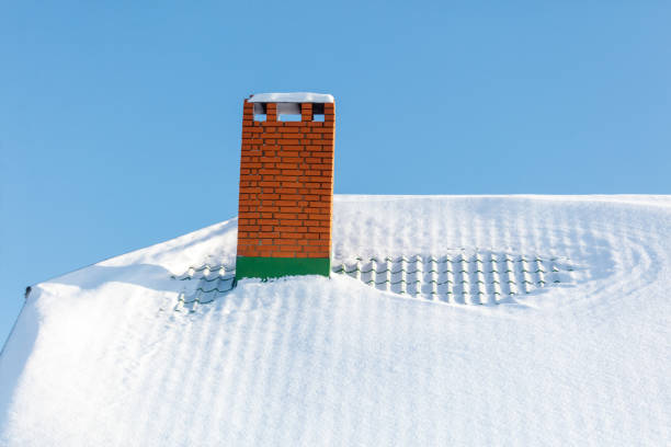 A chimney is covered in snow. The chimney is on a roof