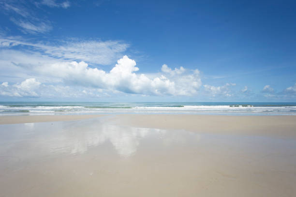 Sky reflected in the water on the beach, with sand and waves at the sea
