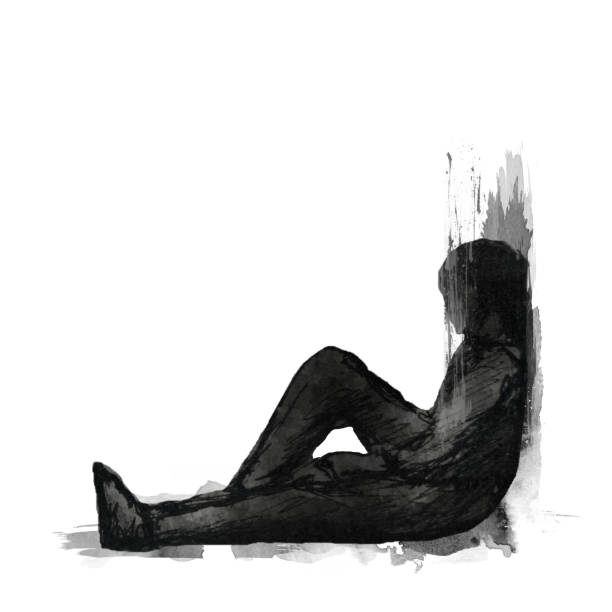 istock abstract figure watercolor painting black and white. depressed man sitting on the ground. 2184888025