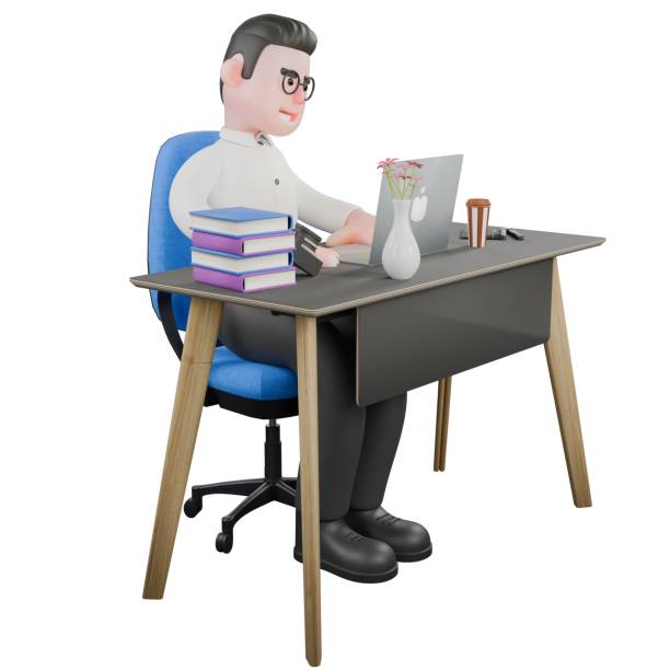 istock Creative 3D Model. A male producer sits on a chair with a laptop on the table while typing with both hands on the keyboard, with a focused expression. Cartoon 3D Model 2184889109