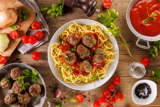 istock spaghetti with tomato sauce and grilled meatball 2184889573