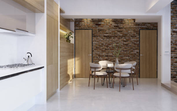 istock Modern dining area with minimalist wood accents 2184889800