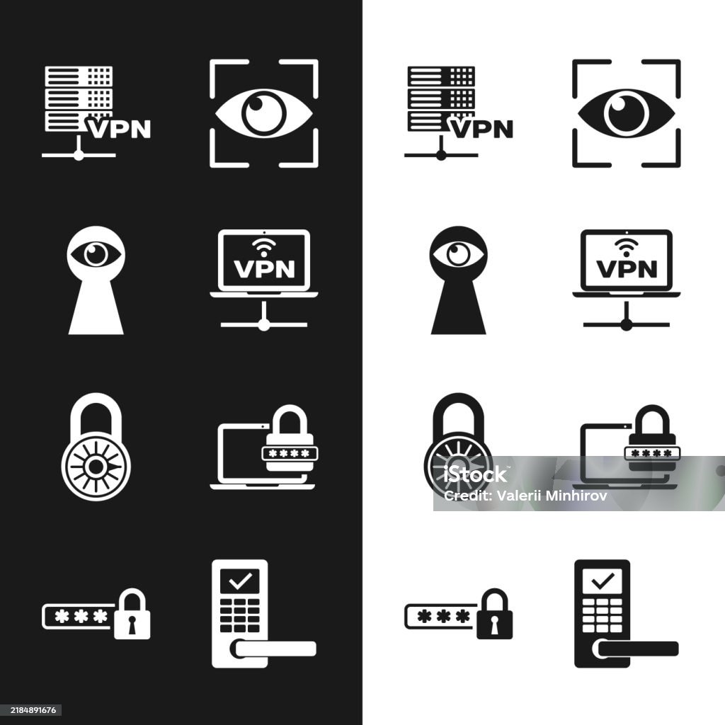 Vpn Key Lock Icon Set Vpn Computer Network Keyhole With Eye Server Eye Scan Safe ...