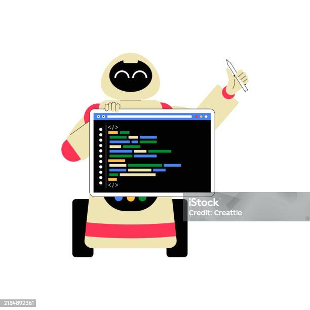 Coding Robot Holding Programming Screen In Flat Vector Illustration ...