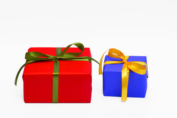 istock Red and blue square gift box isolated on white background 2184895172
