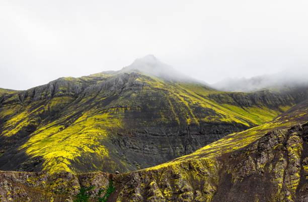 Misty mountain landscape with vibrant green moss covering dark rocky slopes, under a cloudy sky.